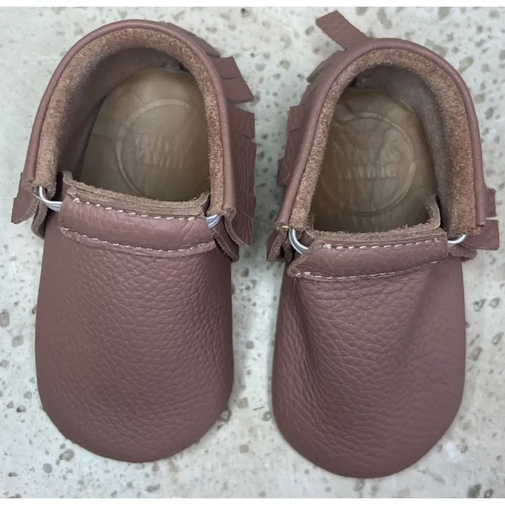 Olive & Annie Handmade Leather Infant Moccasins With Fringe Brown Sz 2 Baby Shoe